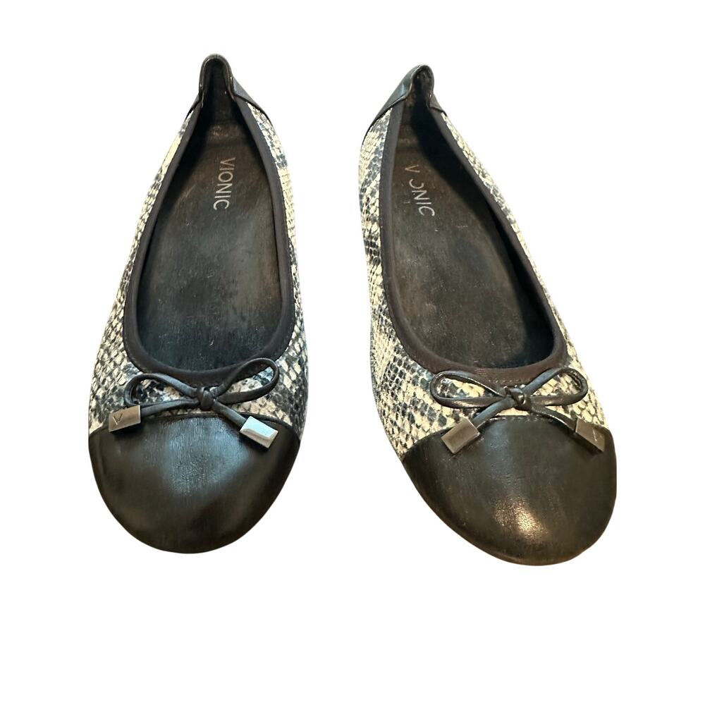Vionic Minna Ballet Flats Size 7 Black Snake Print Cap Toe Bow Comfort Shoes